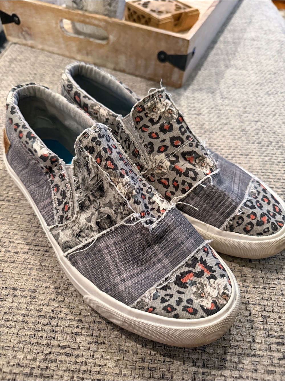 Slip-On Leopard-Accent Canvas Sneakers in Gray and Coral